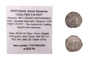 A Roman Empire Vespasian (Titus Flavius Vespasianus) silver denarius together with a Caracalla (