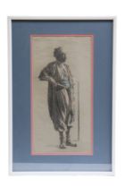 A striking study of an Arabian man subtly wielding a dagger, soft pastel, in double card mount and