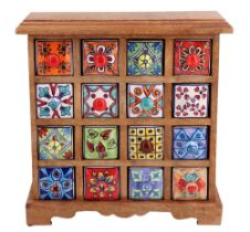 A contemporary oak chest of painted ceramic spice drawers, 32 cm x 34 cm