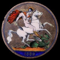 A Victorian enamelled silver crown coin brooch in the manner of Probert or Steele, 38 mm