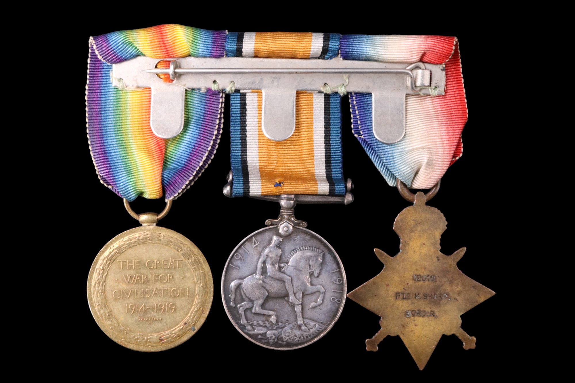 A 1914-15 Star, British War and Victory medals to 12018 Pte H Sharp, Border Regiment - Image 2 of 6