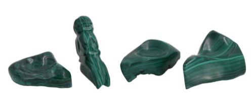 Three polished malachite bowls together with a carved figure of a reclining woman, latter 8 cm high