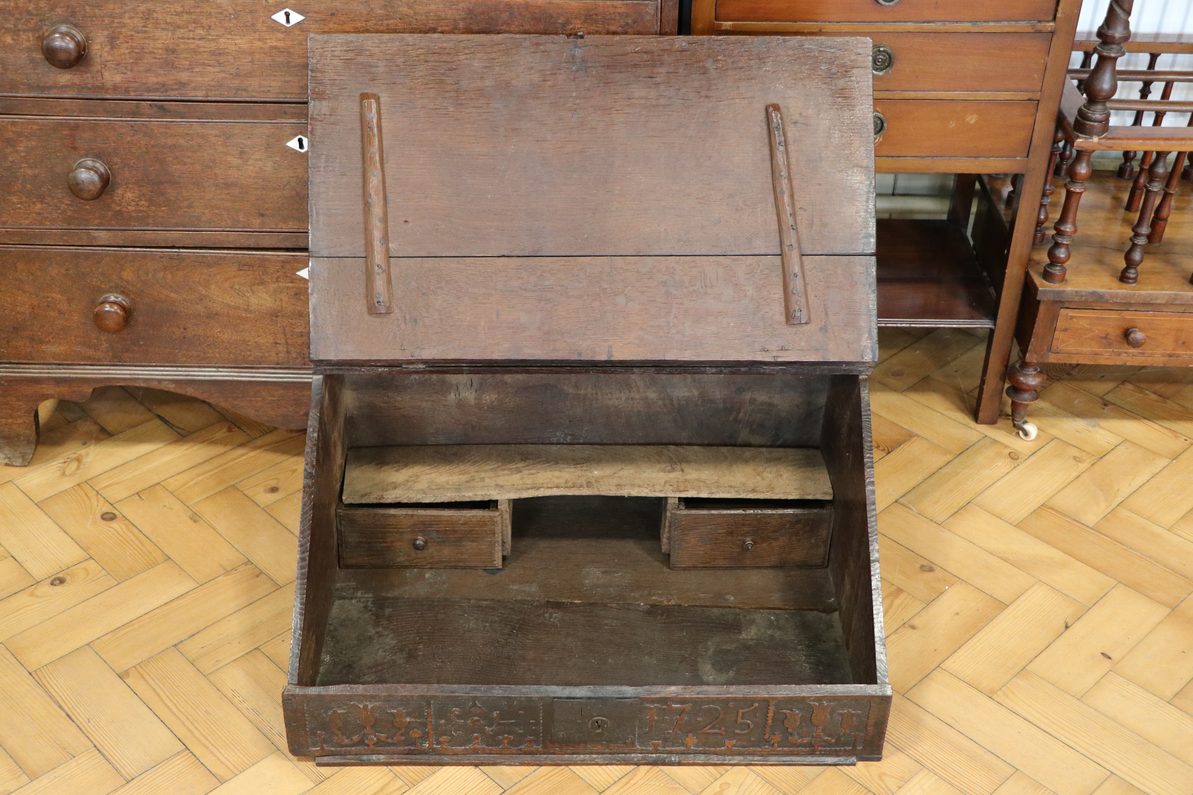 A George I Westmorland carved oak desk box, dated 1725, 66 cm x 47 cm x 30 cm - Image 3 of 4