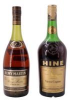 Two bottles of Cognac comprising Remy Martin and Hine, 68 cl and 33 fl ozs respectively