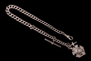 An Edwardian silver graded curb link watch chain with T-bar, swivel, shield fob medallion and