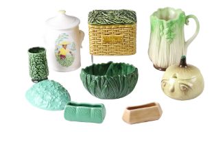 A group of Sylvac ceramics including a tea bag jar (5038), an onion face pot (4756), etc, mid-to-