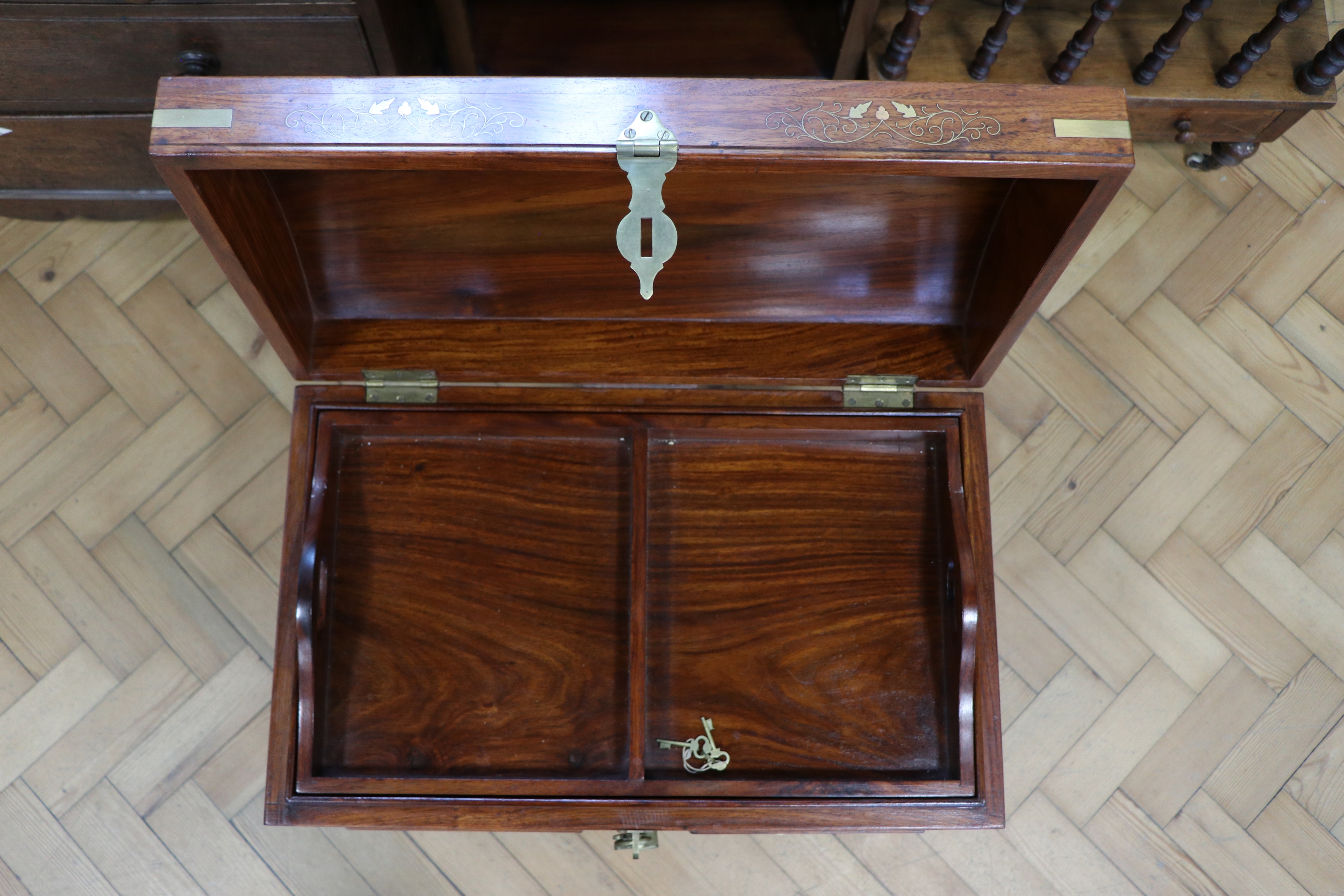 An Indian brass-inlaid mahogany chest, having a "domed" top with brass hasp and padlock opening to - Image 3 of 6