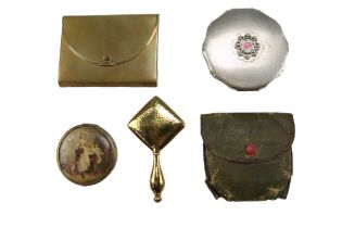 Two vintage novelty powder compacts respectively in the form of a letter and a hand-held mirror,