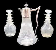 A late 19th / early 20th Century electroplate mounted glass claret jug decorated with wheel-cut