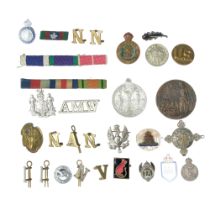 Sundry military, police and other badges, medal ribbon bars etc including a Women's Land Army cap