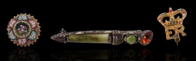 A Scottish polished hardstone dirk form brooch together with a gilt Italian micro-mosaic and a