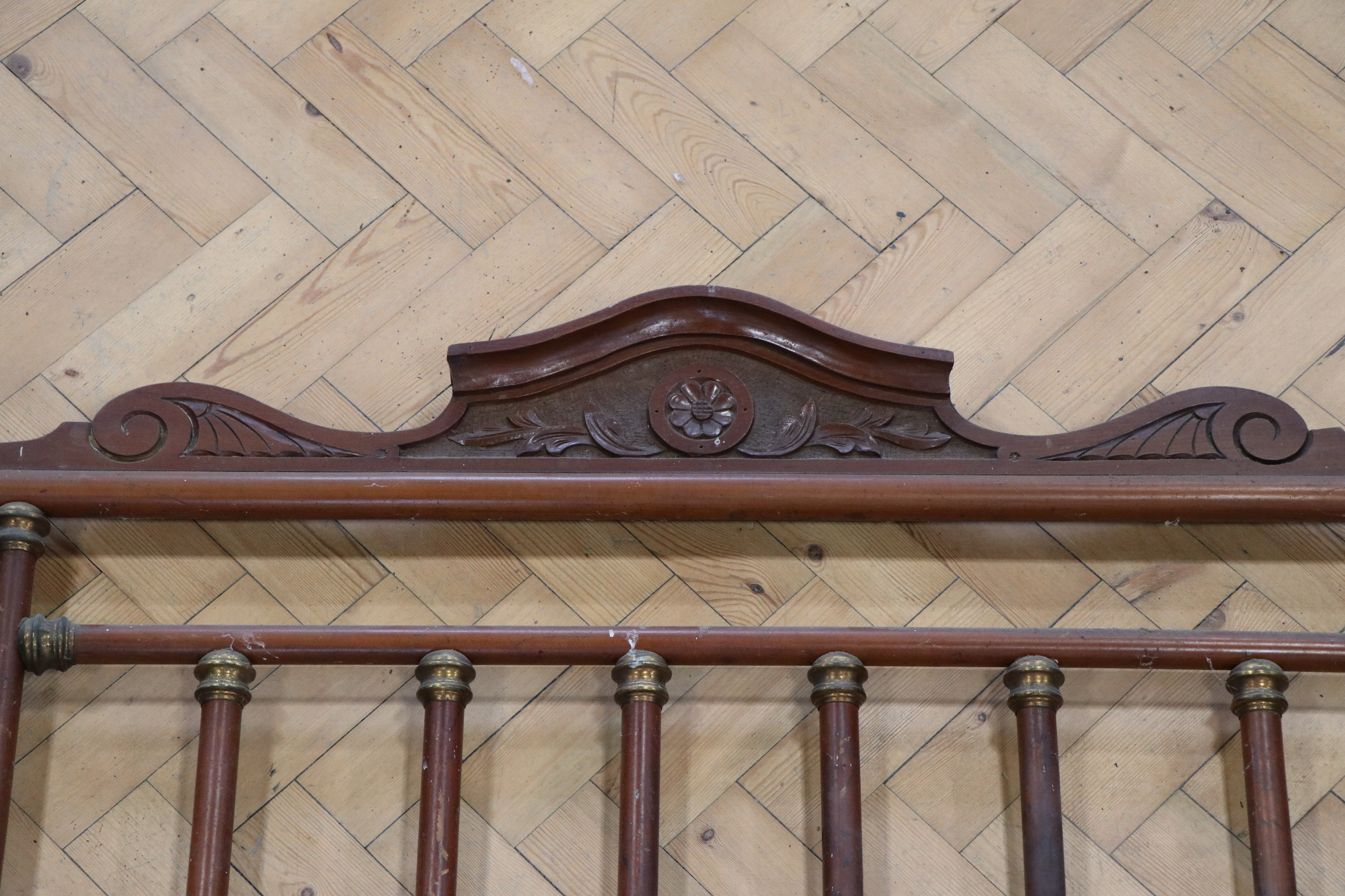 A Victorian brass-mounted carved and turned bed head and foot, 4' 6" - Image 6 of 6