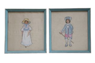 A pair of 1920s studies of a young girl and boy in blue, watercolour on silk, in painted frames