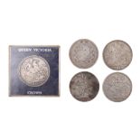 Five Victorian silver crown coins comprising a slabbed 1887, 1845, 1889, 1896 and 1900 issues