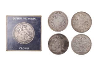 Five Victorian silver crown coins comprising a slabbed 1887, 1845, 1889, 1896 and 1900 issues