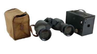 A Kodak No 2 Brownie box camera together with a set of Swift Audubon 8.5 x 44 binoculars
