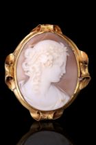 A late 19th Century yellow metal mounted shell cameo brooch, the cameo depicting the head and