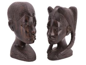 Two late 20th Century African ebony carved busts, tallest 20 cm