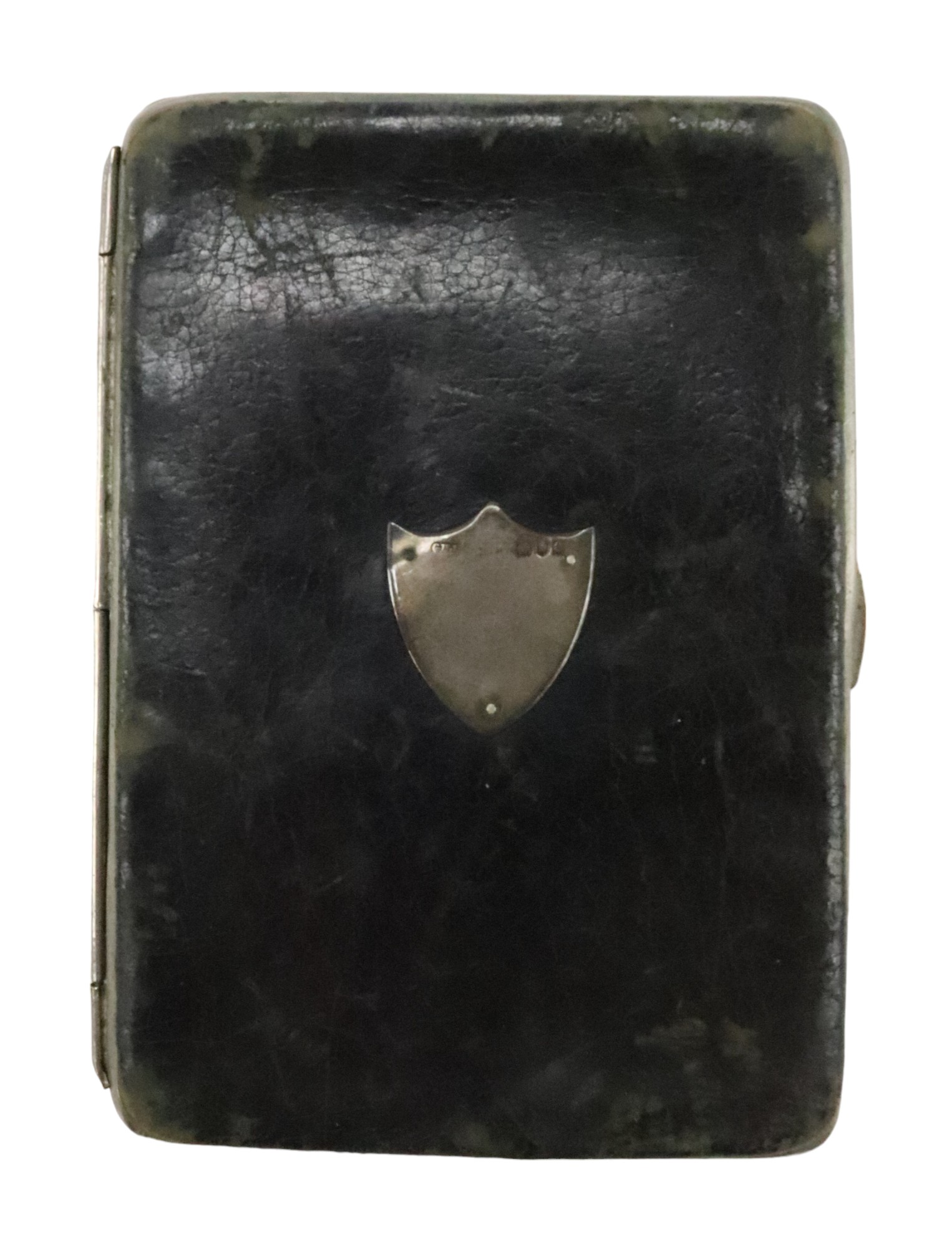 A Victorian silver-mounted black leather wallet, bearing an applied silver shield escutcheon, G H