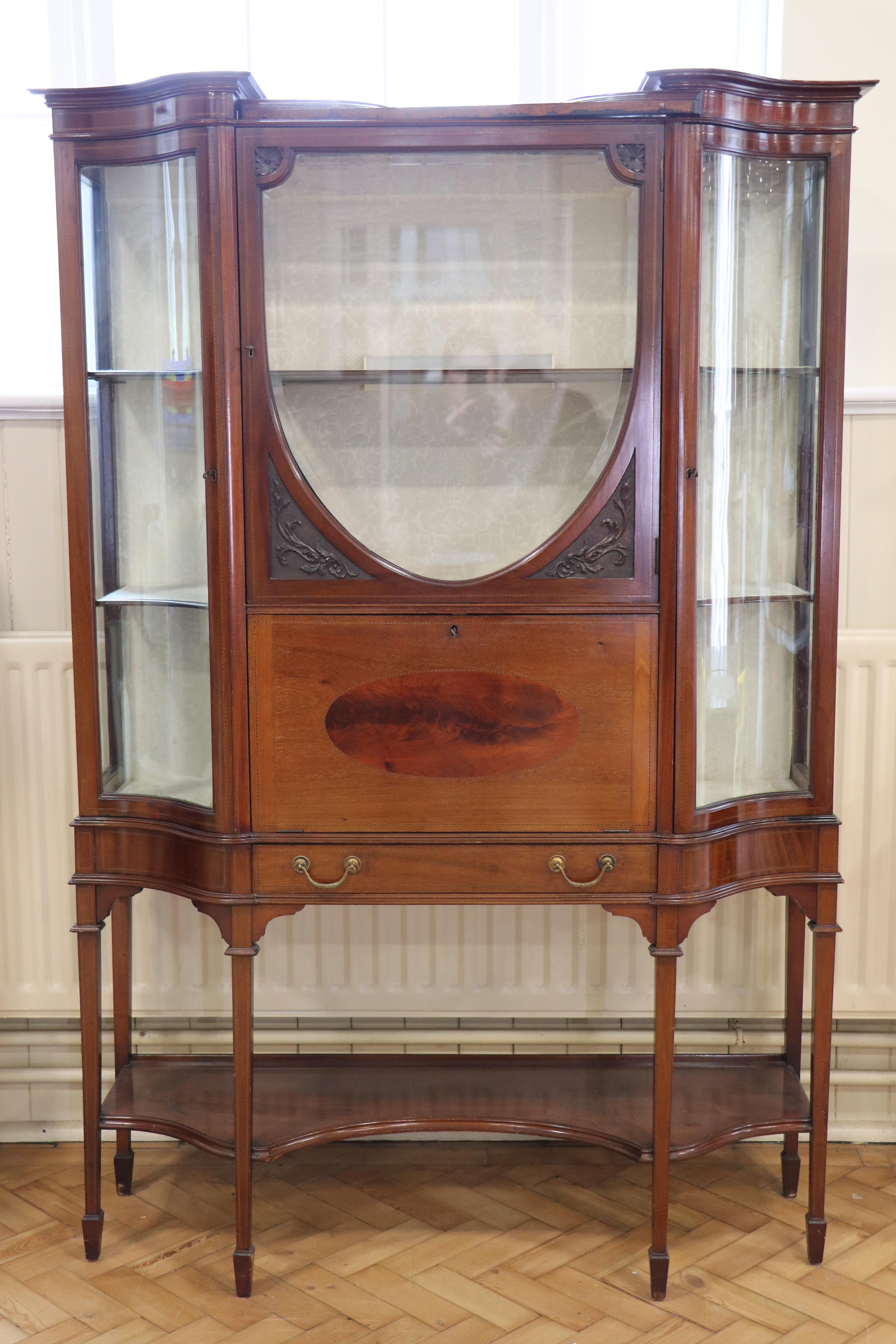 A late 19th / early 20th Century string-inlaid and carved mahogany display cabinet, 123 cm x 44 cm x