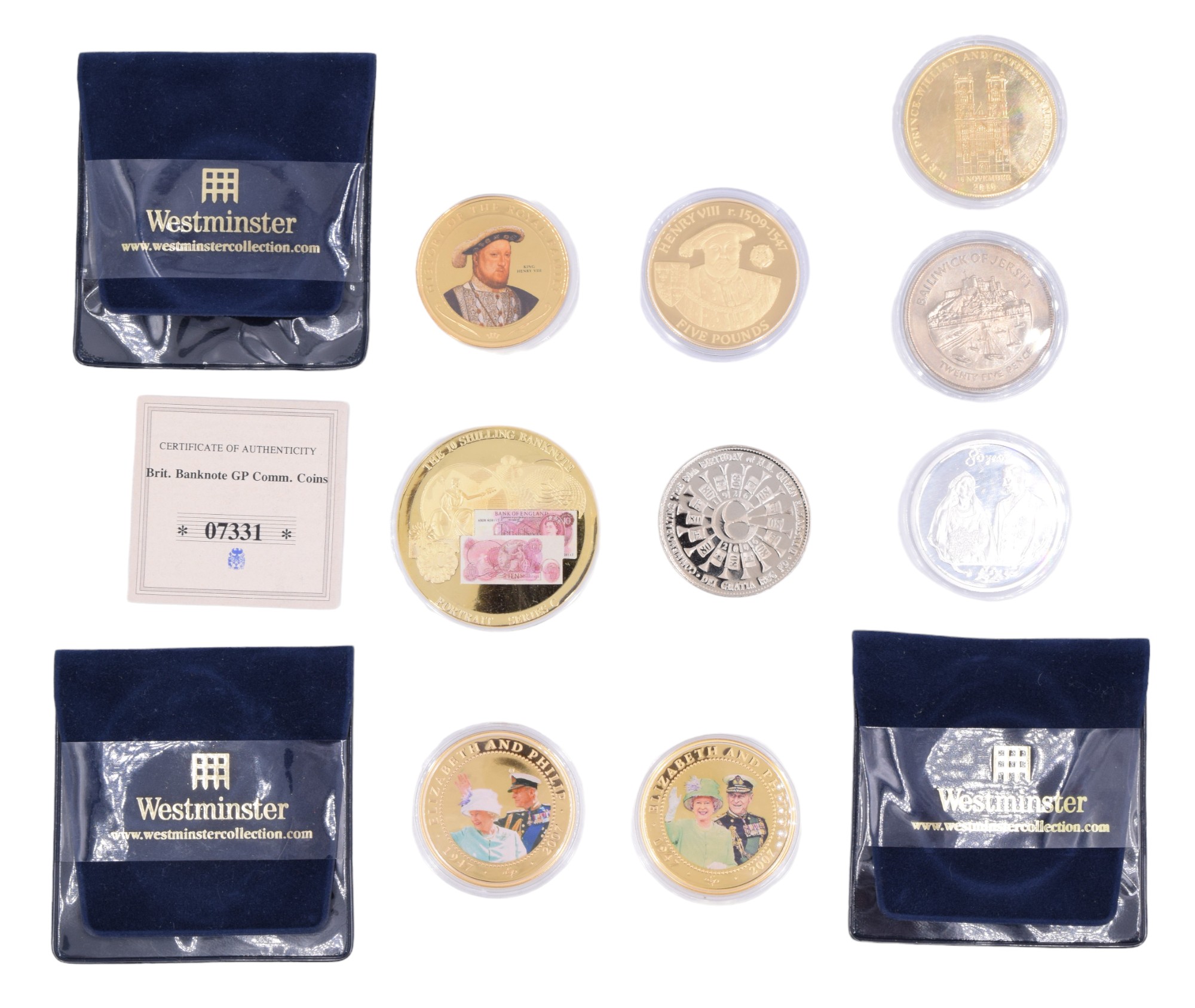 A group of commemorative coins and exonumia including a 2007 gold-plated silver Henry VIII five - Image 6 of 14