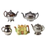 Three Victorian silver lustreware tea pots together with a jug and castle tea pot