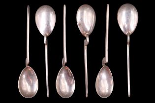 A set of six Queen Elizabeth II silver Corinium tea or coffee spoons of Classical Roman form,