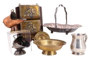 A group of domestic metalware including a handmade diminutive copper coal helmet, a novelty brass