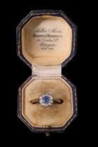 An antique sapphire and diamond "daisy" ring, comprising a round cut sapphire of approx 33 ct