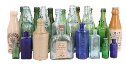 A quantity of antique and later glass bottles including a Codd's patent bottle for Underwood,