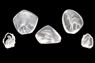 Five Swedish Mats Jonasson intaglio glass paperweights depicting a fawn, penguin, dolphin,
