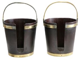 A pair of George III Irish brass-mounted mahogany plate buckets, 35 cm high (55 cm with swing