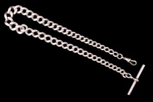 An Edwardian silver heavy graded curb link watch chain with T-bar and swivel, 34 cm, 46 g