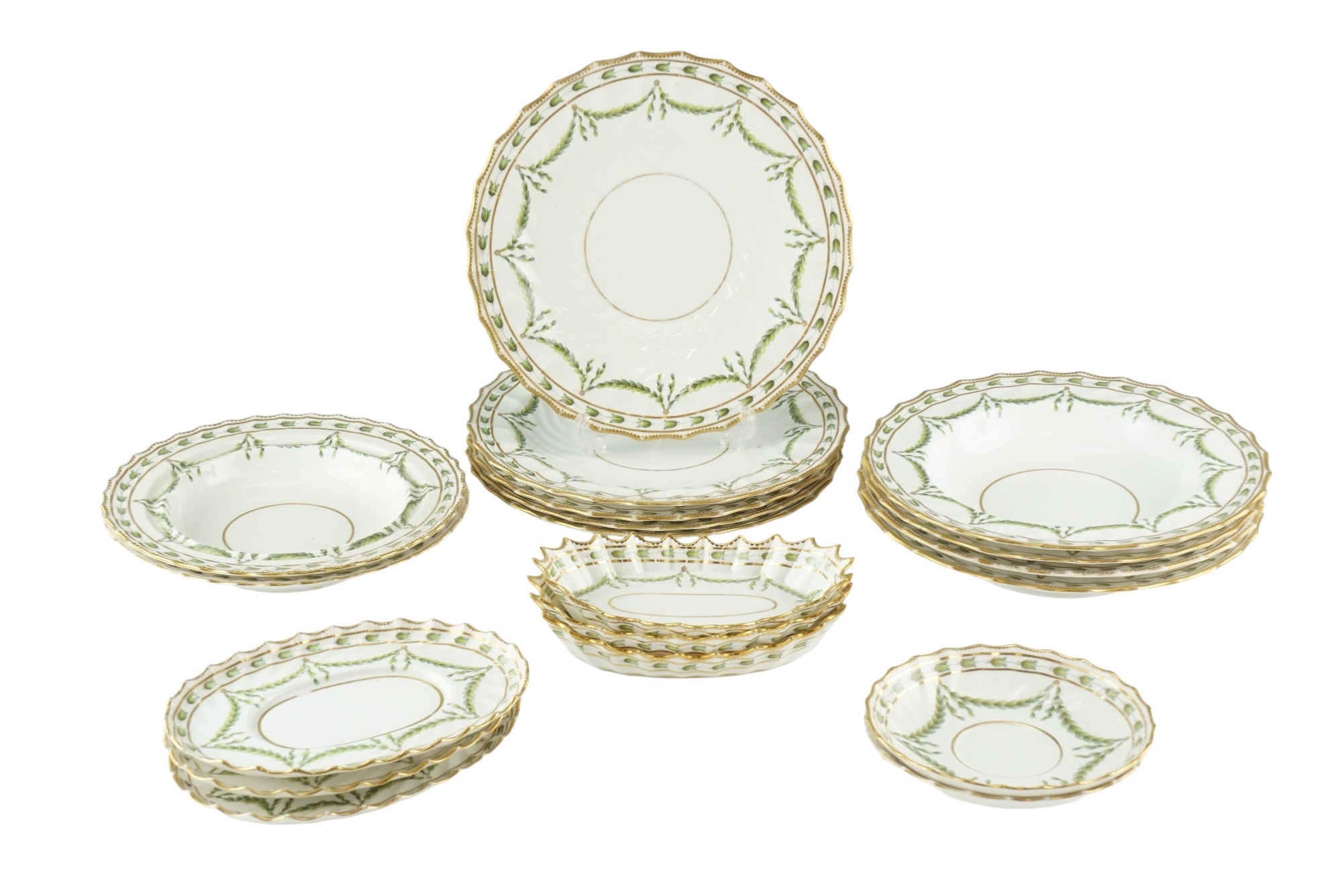 A quantity of early 20th Century Copeland hand-painted dinnerware, decorated with laurel garlands