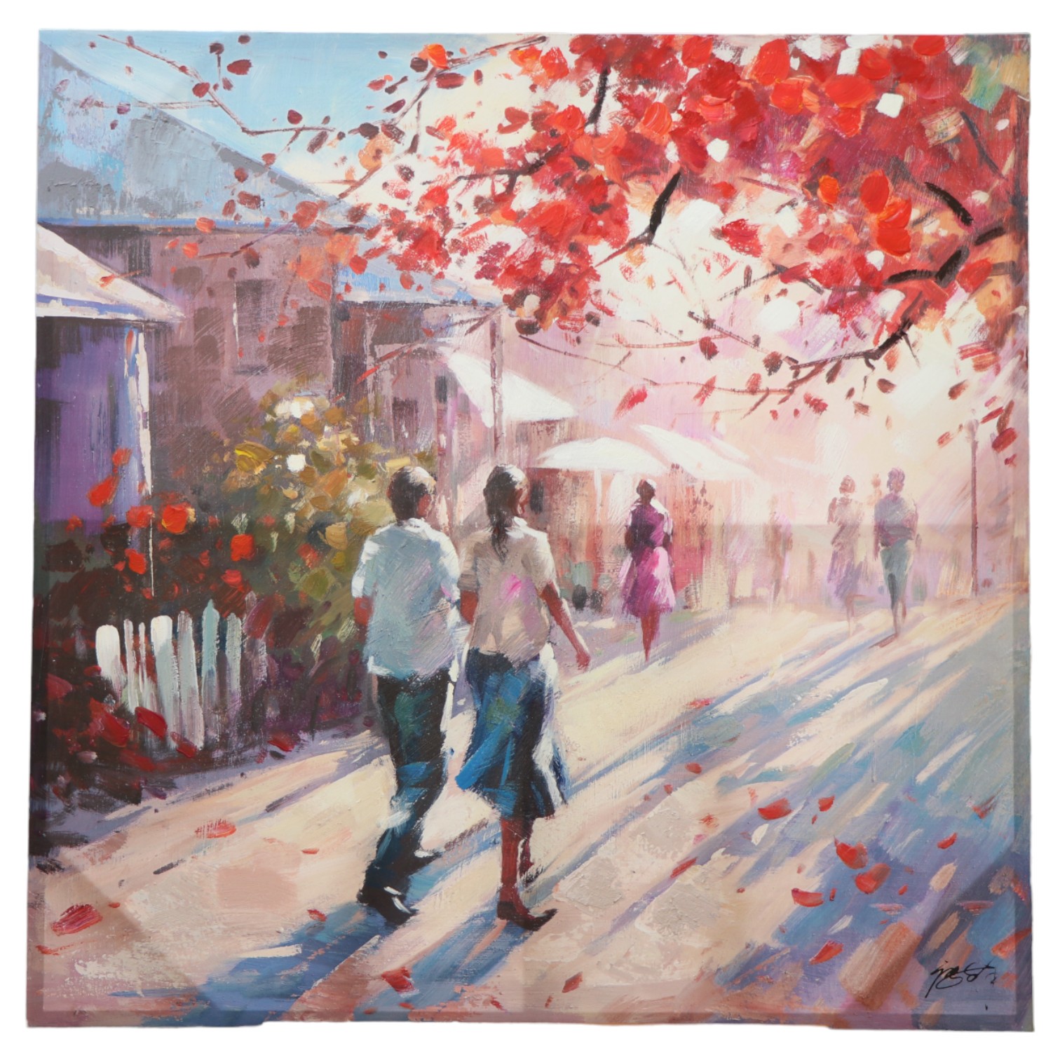 A pair of impressionistic, bustling streetscapes depicting figures walking beneath blossoming - Image 2 of 3