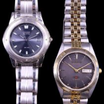 Two Citizen stainless steel wristwatches, comprising an Eco-Drive VR 100 and one having an automatic