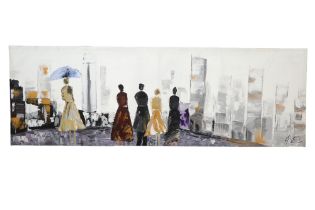 A rainy, cool-toned study of five figures in period costume, one under an umbrella, walking