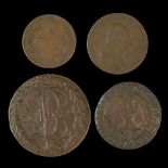 A group of Russian Empire copper coins, including a 1794 Ekaterina II five kopecks, etc