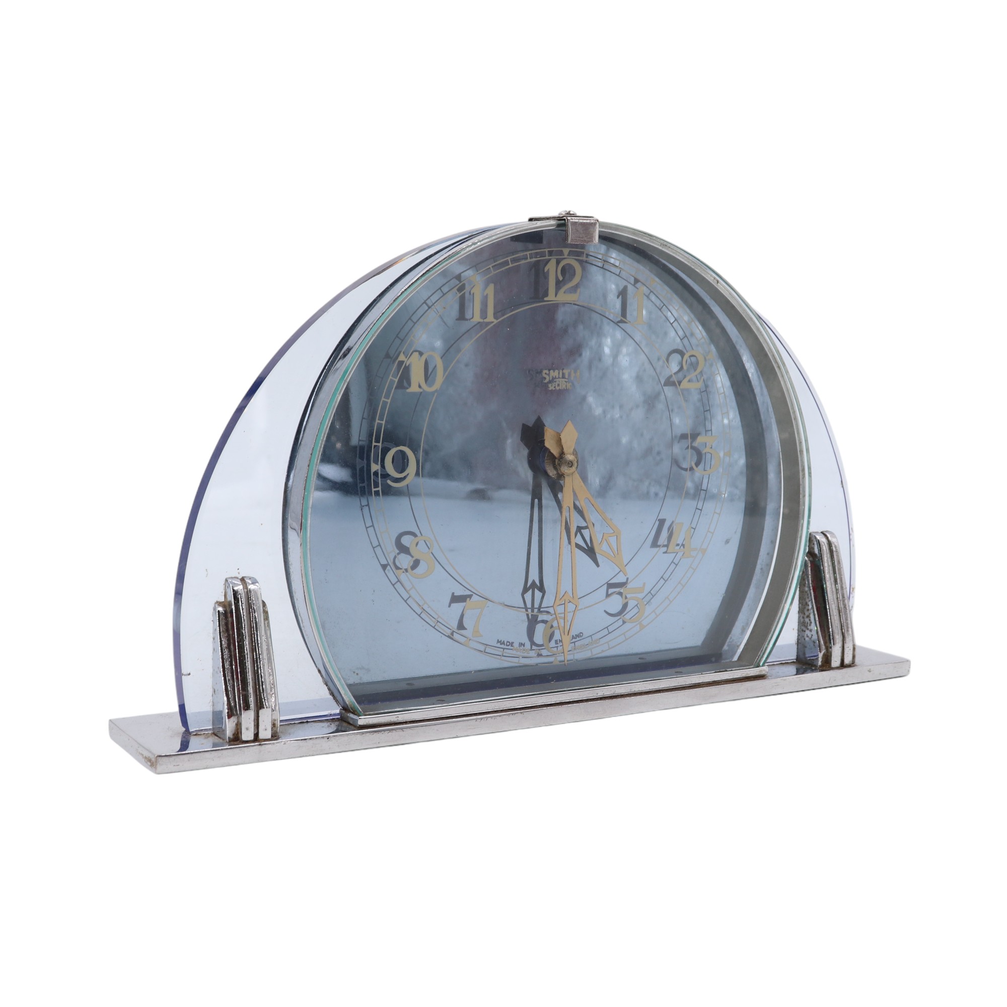 A 1930s Smiths Sectric Art Deco chromium electroplate, blue and green glass electric mantle clock,