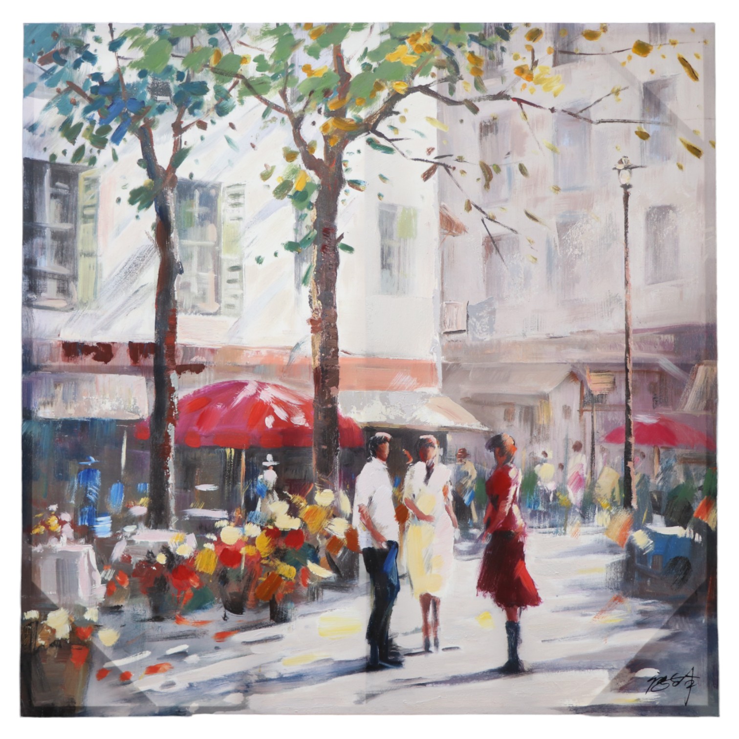 A pair of impressionistic, bustling streetscapes depicting figures walking beneath blossoming - Image 3 of 3