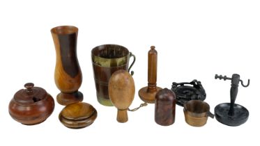 A collection of treen including a 19th Century Dutch staved tankard, a small Scottish glass-bottomed