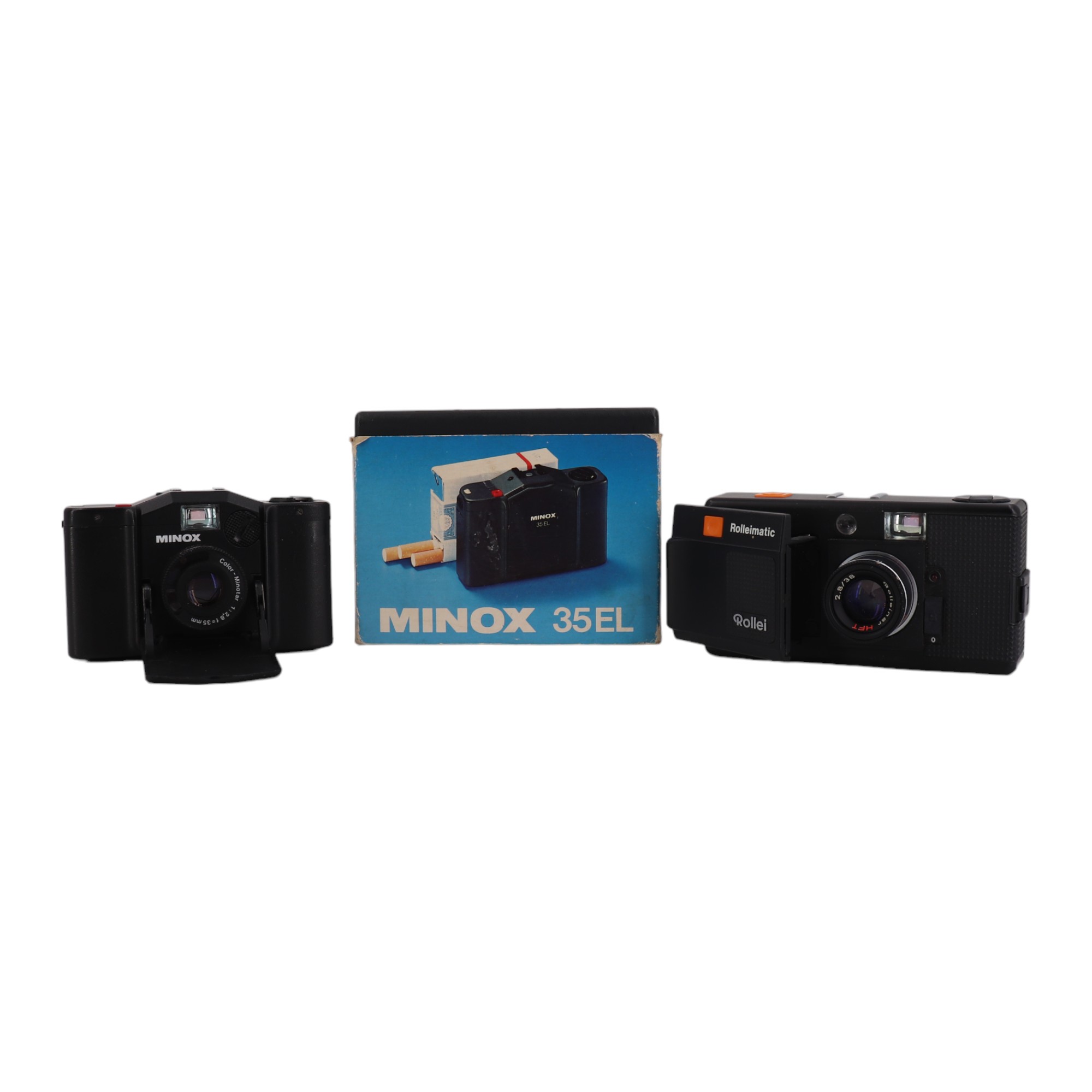 Two 1970s 35 mm compact cameras comprising a boxed Minox 35EL and a Rollei Rolleimatic featuring a