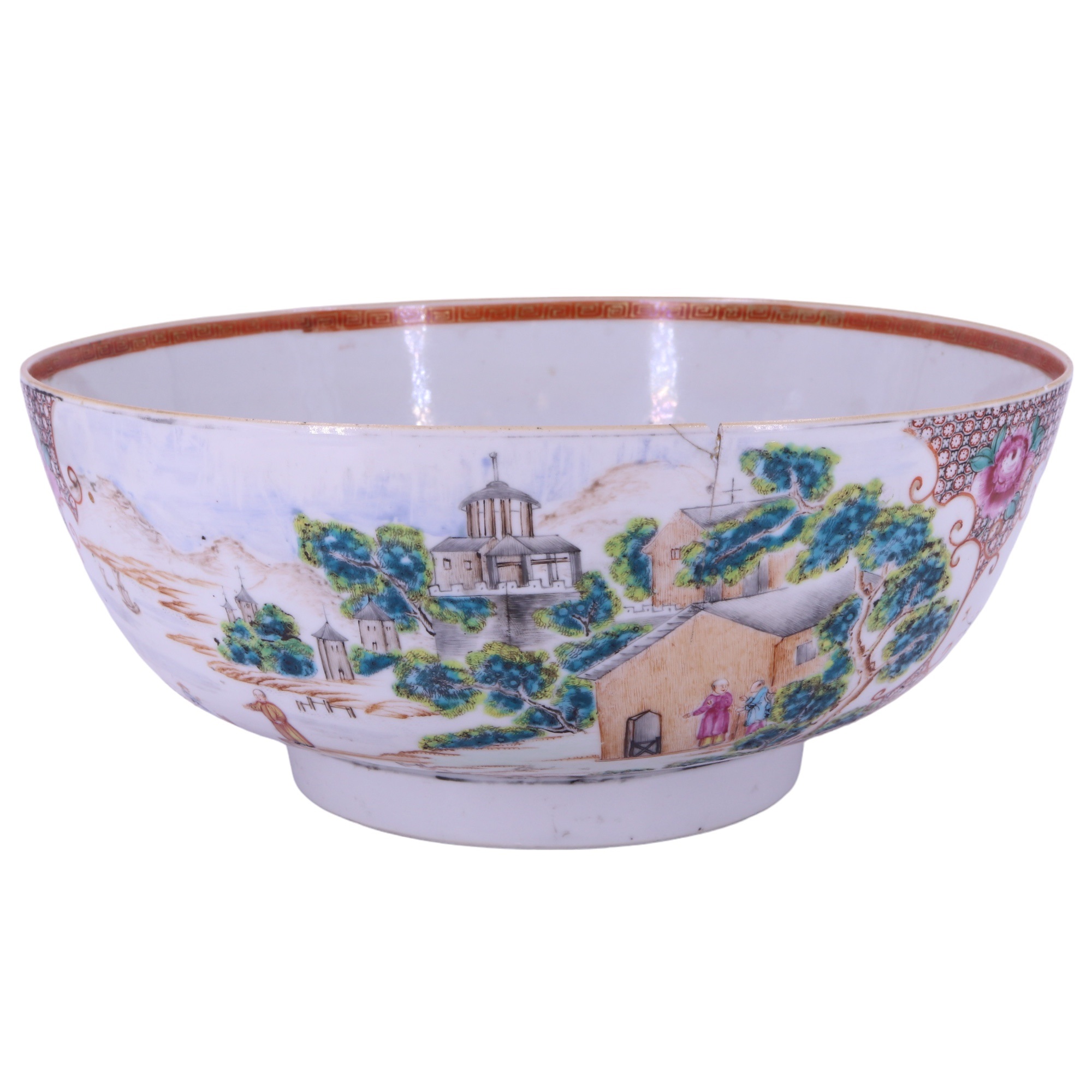 An 18th Century Chinese export Famille rose porcelain punch bowl, decorated in depiction of European