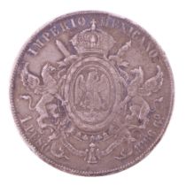 An 1866 Mexico Empire of Maximilian 1 peso silver coin, Go mint, Casa de Moneda de Guanajuato, 38