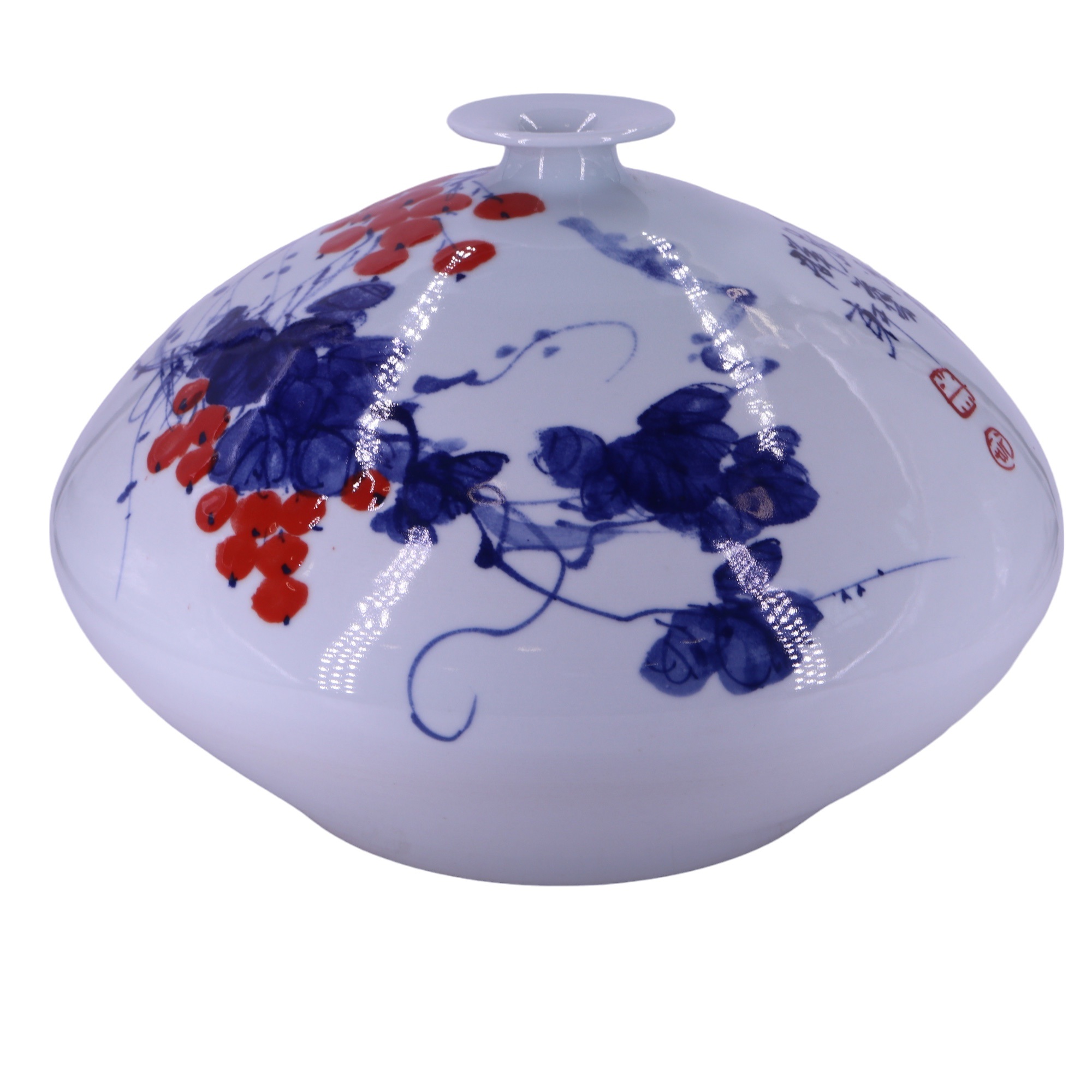 A large contemporary Chinese hand-painted porcelain bottle vase of pronounced compressed- - Image 3 of 5