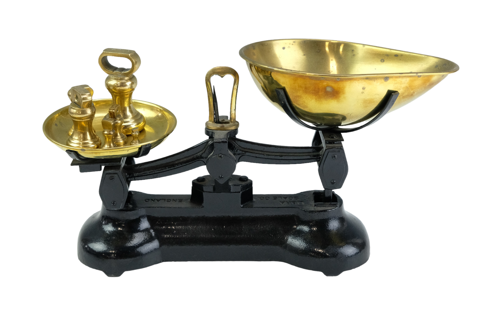 A set of Libra Co traditional brass and iron kitchen scales together with weights, height 20 cm