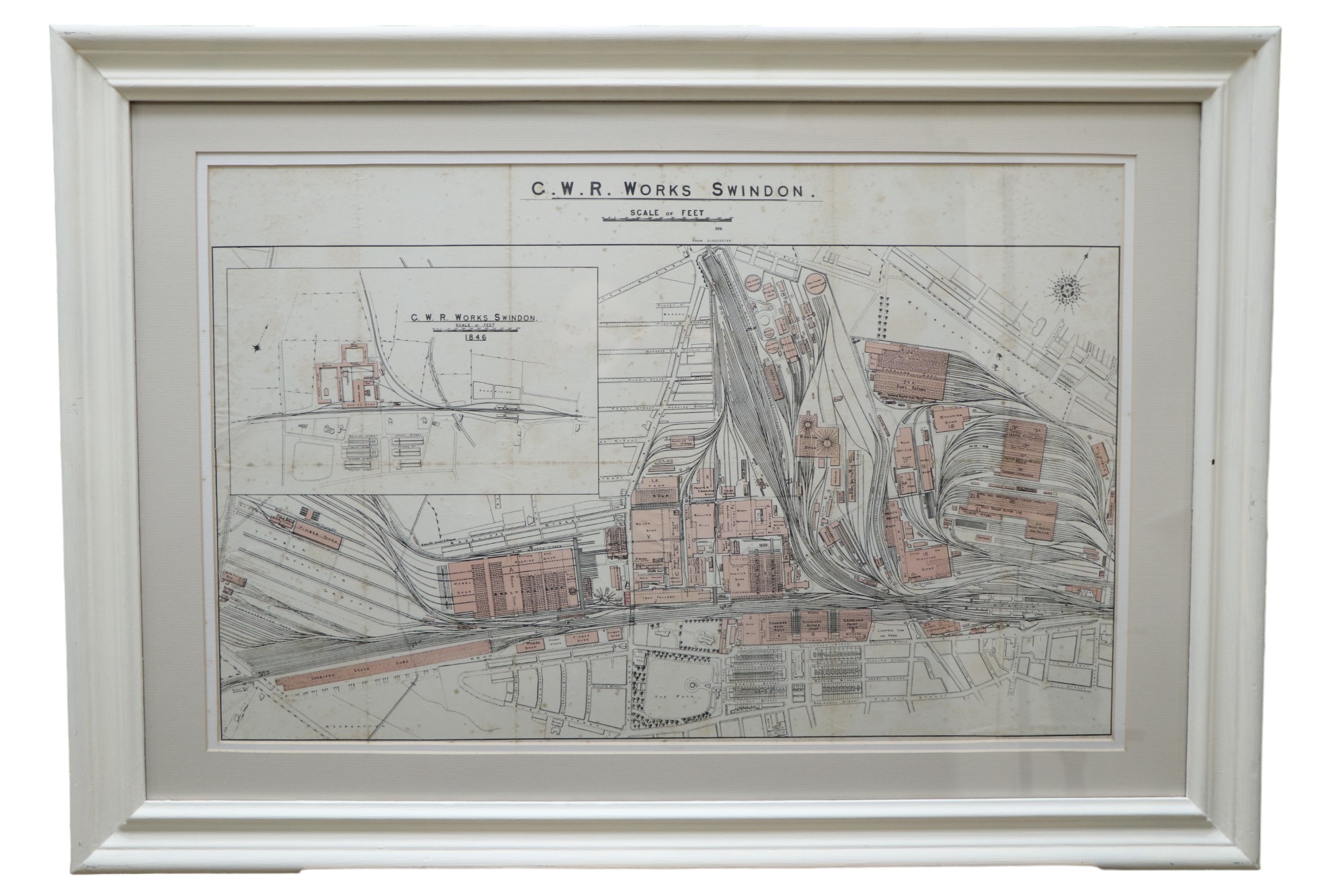 "G W R Works Swindon", a map of the Great Western Railway Works in Swindon, watercolour tinted