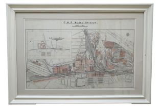 "G W R Works Swindon", a map of the Great Western Railway Works in Swindon, watercolour tinted