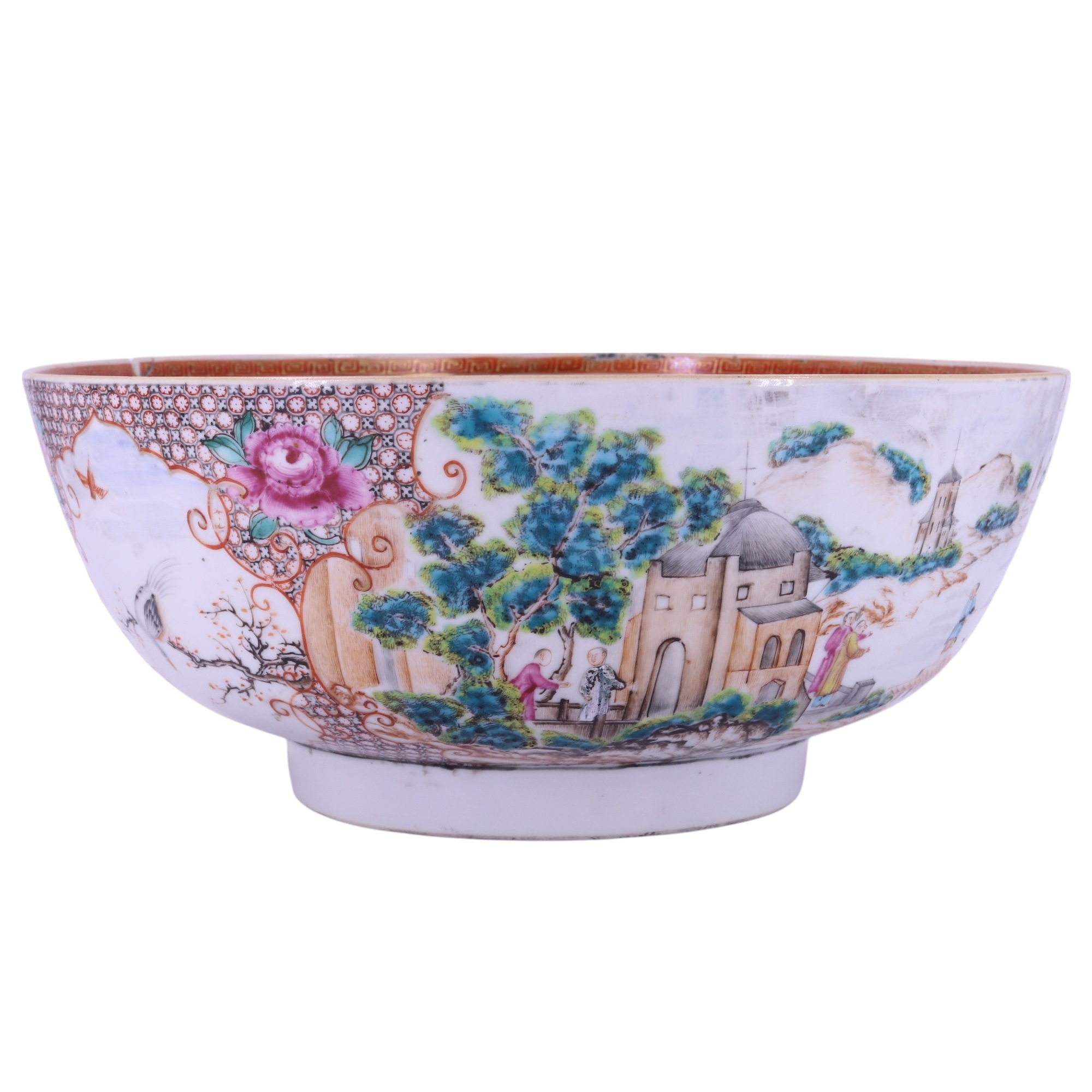 An 18th Century Chinese export Famille rose porcelain punch bowl, decorated in depiction of European - Image 3 of 8