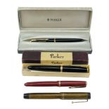 Four vintage Parker fountain pens comprising three Duofolds (one boxed with original papers) and one